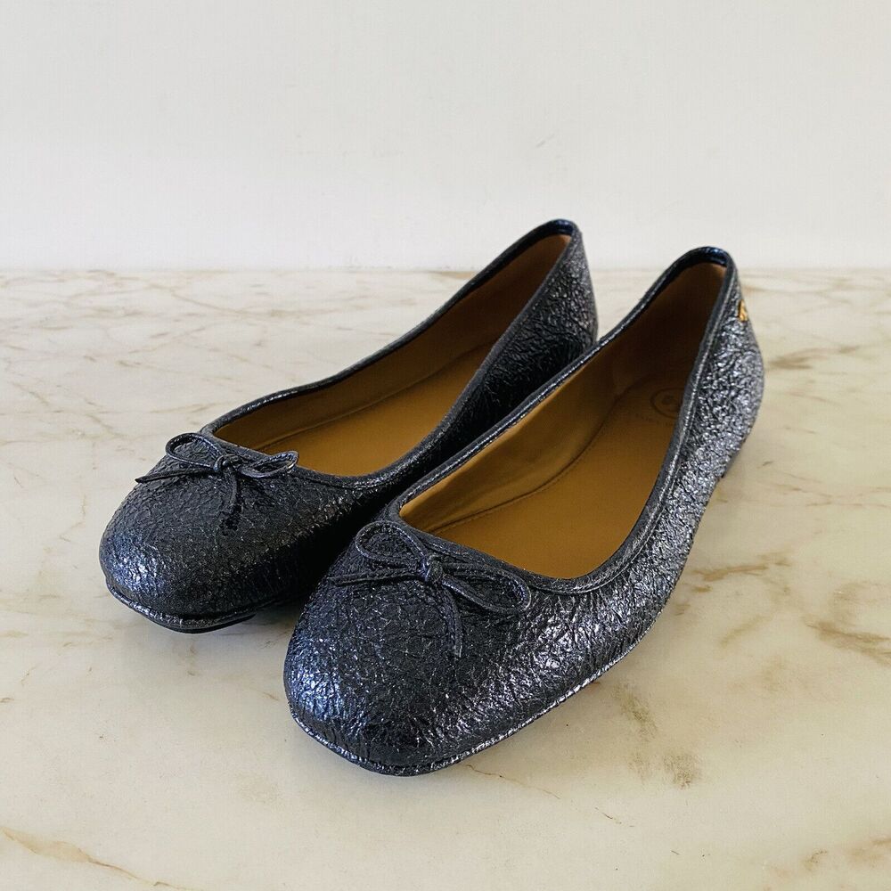 TORY BURCH Solid Metallic Blue Leather Ballerina Flats Bow Accent - US 7.5